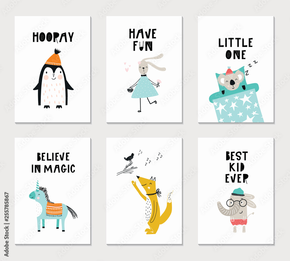 Collection of children cards with cute animals and lettering. Perfect for nursery posters. Vector illustration.