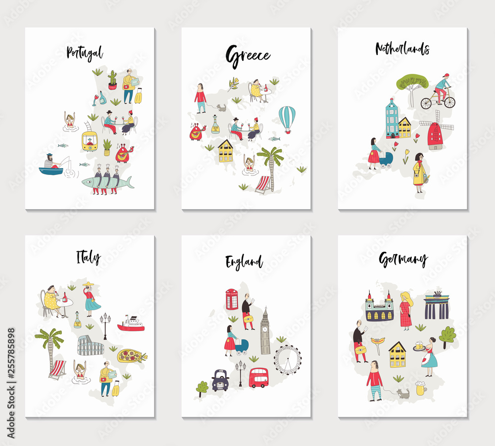 Big set of illustrated maps of of Europe with cute and fun hand drawn characters, plants and elements.