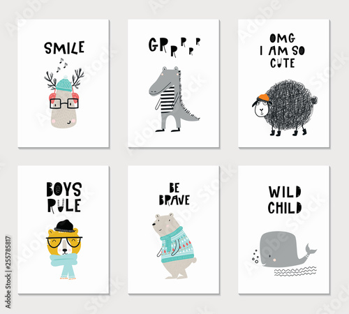 Collection of children cards with cute animals and lettering. Perfect for nursery posters. Vector illustration.