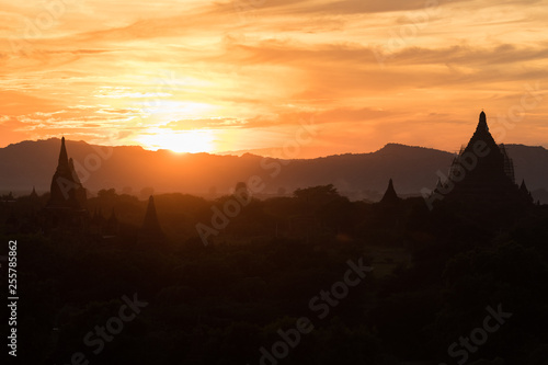 View of ancient temples in foggy morning  sunrise in Bagan  Myanmar  Burma 