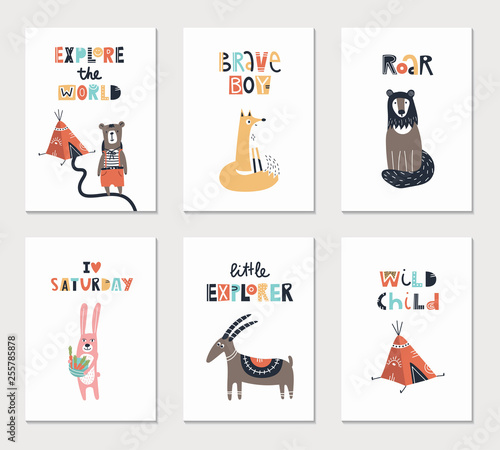 Collection of children cards with cute animals and lettering. Perfect for nursery posters. Vector illustration.