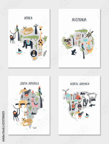A set of four children's cards with a map of the continents of the world and cute cartoon animals.