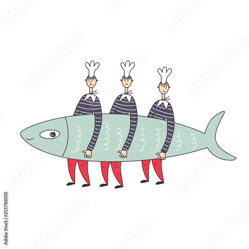 Three sailors cooks caught and carry a big sardine fish. Vector illustration