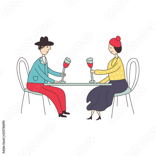 An elderly woman sits at a table in a restaurant in a yellow dress and drinks wine from a glass. Vector illustration.