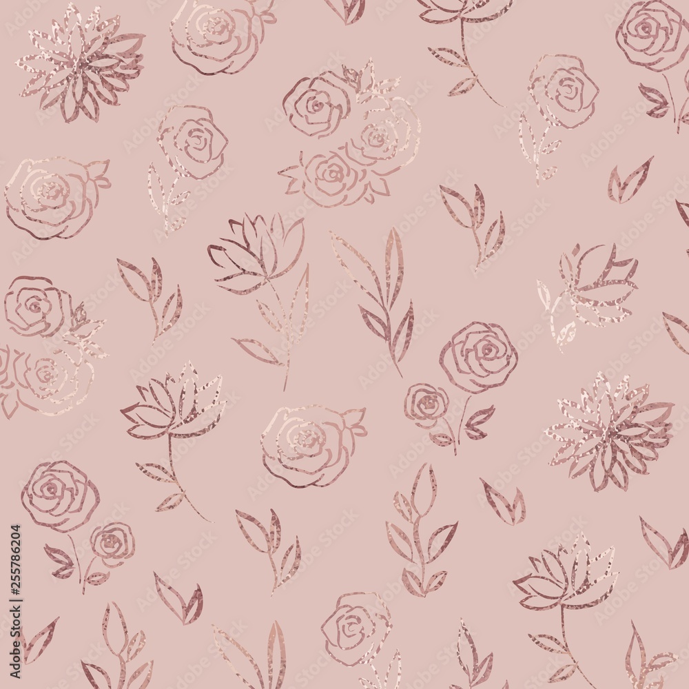 Flower pattern. Rose gold. Elegant vector background with foil effect for the design