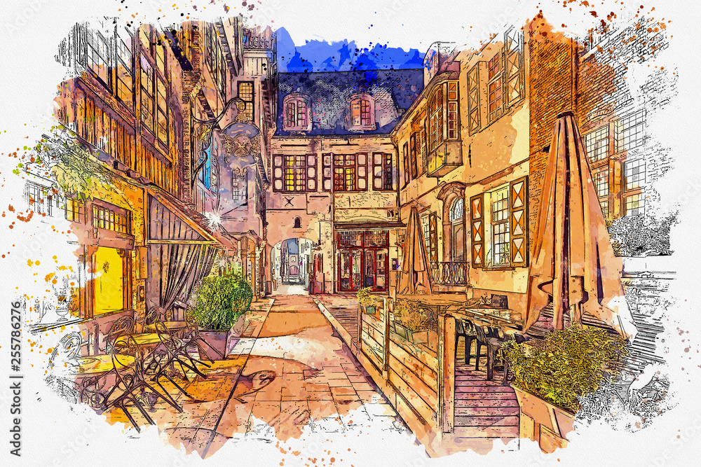 Fototapeta premium Watercolor sketch or illustration of a beautiful view of a traditional European street in Bruges in Belgium in the evening or at night