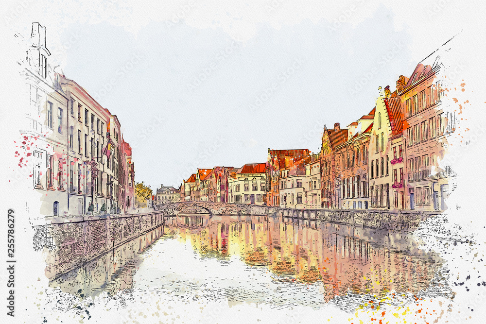 Fototapeta premium Szkic akwarela lub ilustracja z pięknym widokiem na tradycyjną europejską architekturę miejską w Brugii w Belgii