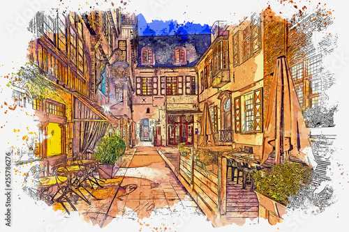 Watercolor sketch or illustration of a beautiful view of a traditional European street in Bruges in Belgium in the evening or at night