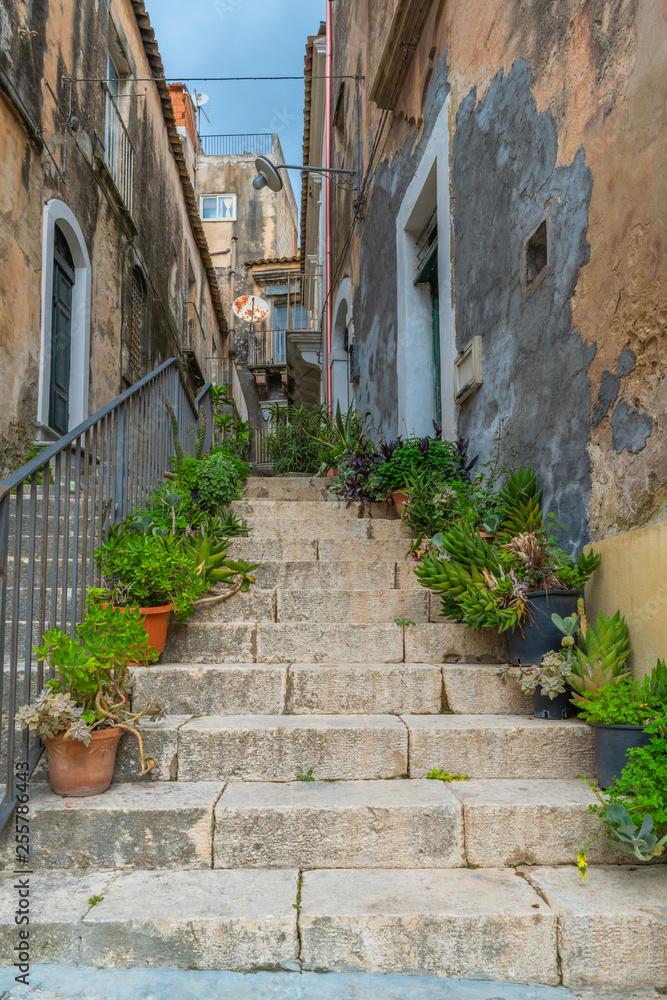 Narrow street with greenery in flower pots on the floor in Ragusa, Sicily, Italy