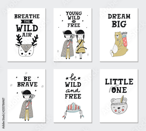 Collection of children cards with cute animals and lettering. Perfect for nursery posters. Vector illustration.