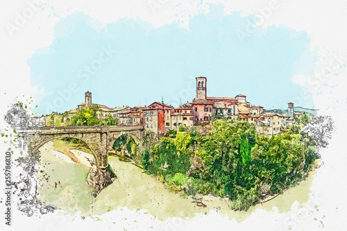 Watercolor sketch or illustration of a beautiful view of the urban architecture and the Devil's bridge in Cividale del Friuli in Italy photo
