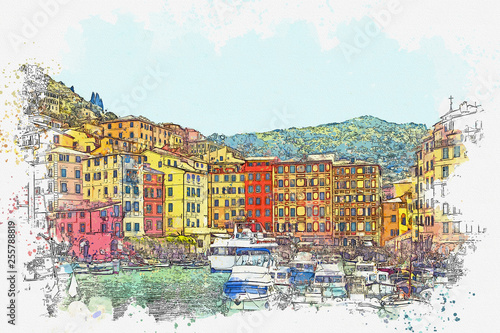 Watercolor sketch or illustration of the beautiful view of Camogli - a commune in Italy, located in the Liguria region, in the province of Genoa