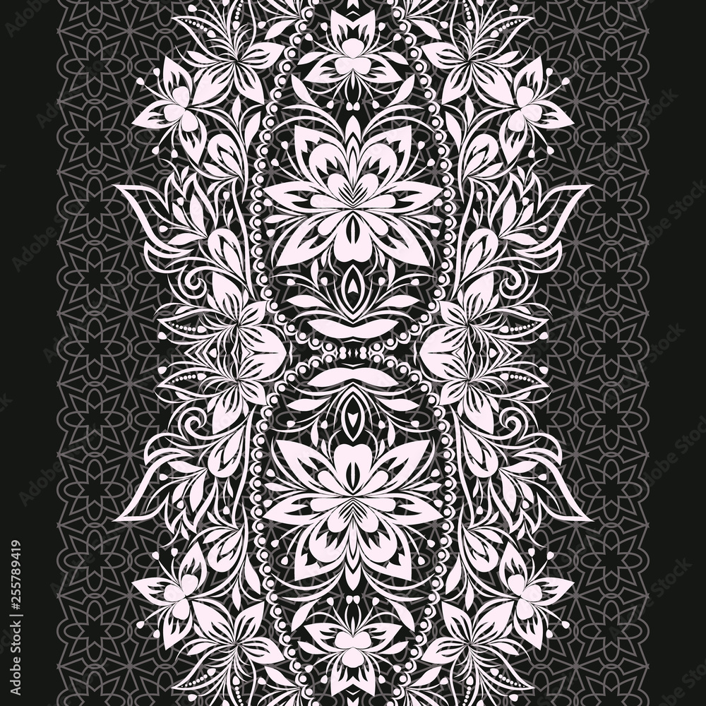 Fototapeta premium Seamless black and white lace pattern with paisley and flowers. Traditional ethnic ornament. Vector print. Use for wallpaper, pattern fills,textile design.