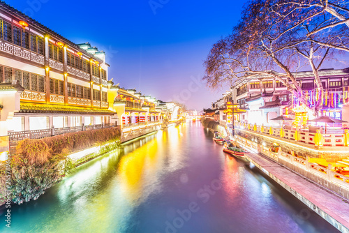 Qinhuai River and Fuzi Miao (Confucian Temple). Located in Nanjing, Jiangsu, China.