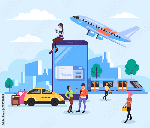 People characters reserved and buying tickets on airplane, train, taxi online by smartphone. Travel holiday transportation web technology concept. Vector design graphic flat cartoon illustration
