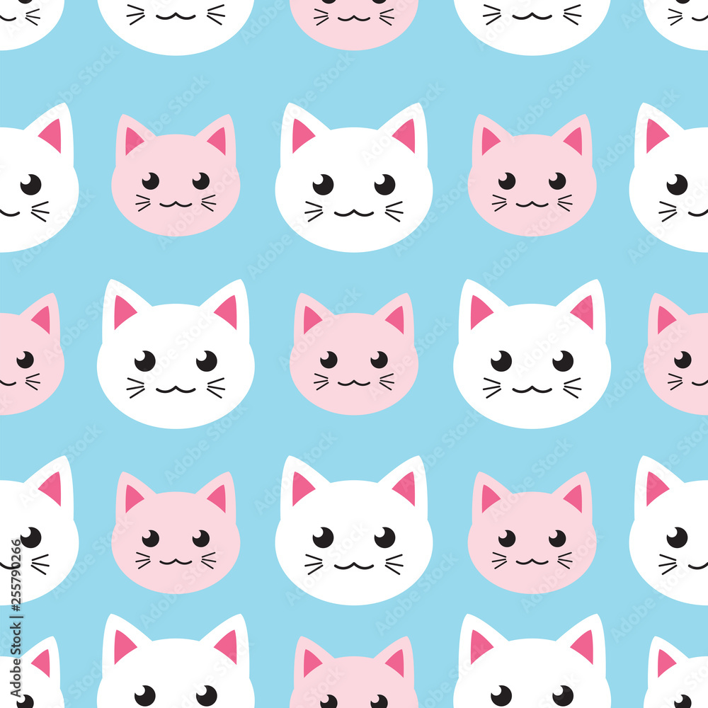 Seamless kawaii pattern with cute cats