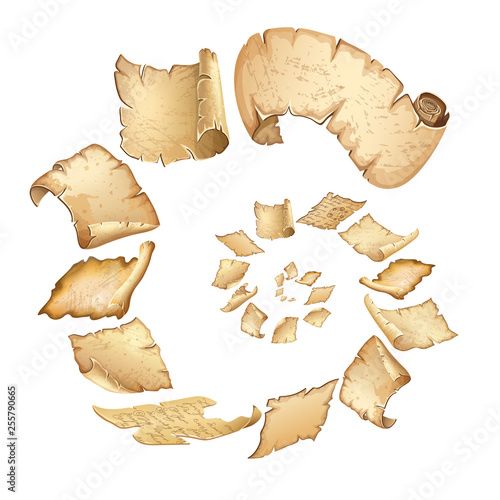 Poster of flying royal old parchments. Set isolated ancient paper for message. Isometric 3d vector illustration for computer games and books design. 