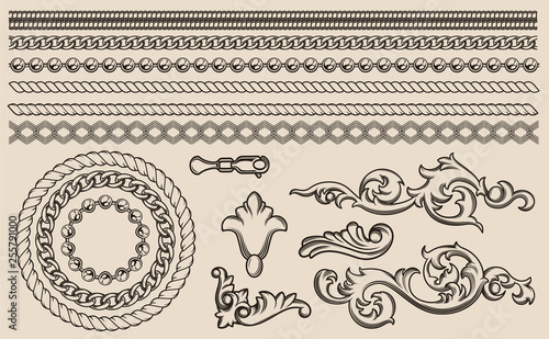 Set of vector baroque elements, chains for design.