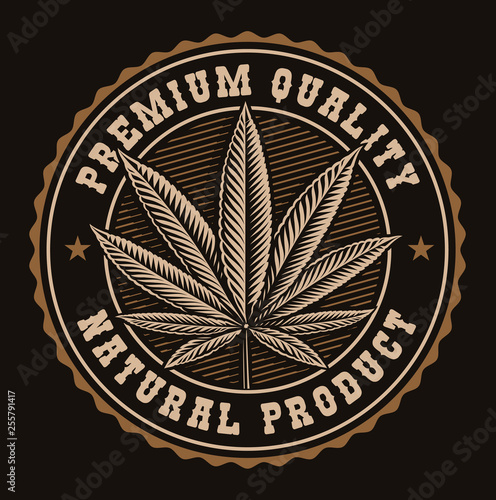 Vintage badge of a cannabis leaf.