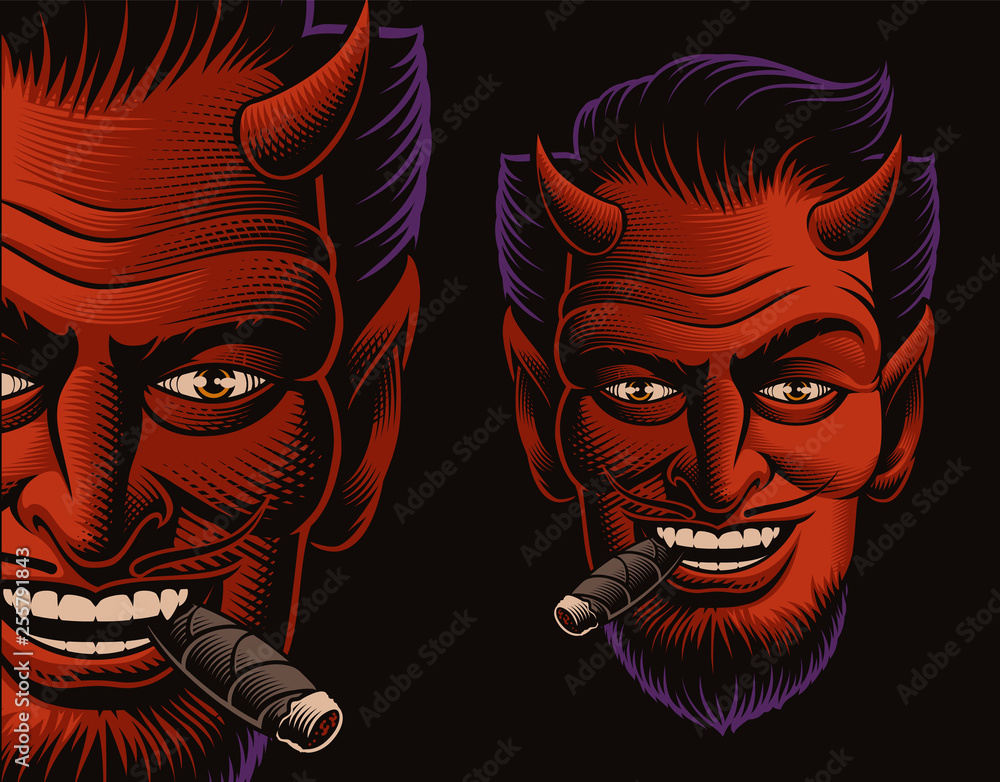  Coloured vector illustration of a devil face smoking a cigar
