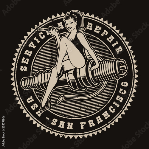 Black and white illustration of a devil girl on a spark plug