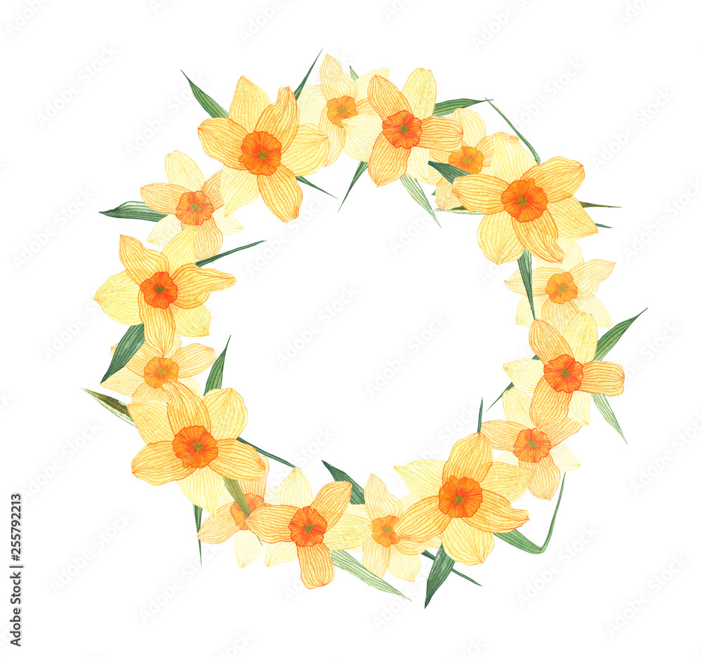 Watercolor illustration of a spring flower wreath. Spring flowers arranged in a circle wreath. Isolated flower wreath on a white background. Watercolor illustration of a spring flower wreath. Spring flowers arranged in a circle wreath. Isolated flower wreath on a white background.
