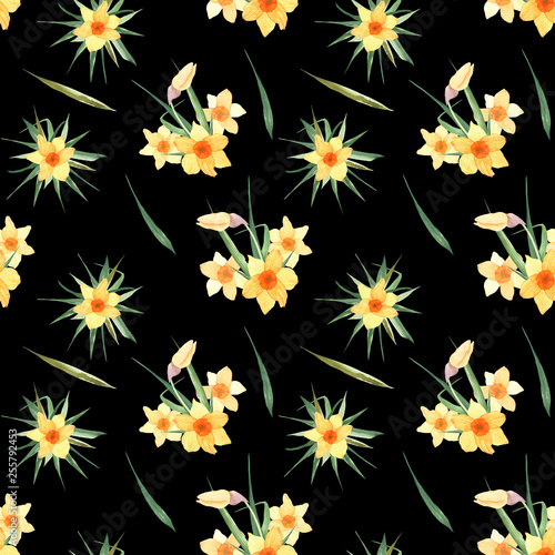 Seamless watercolor spring flower background. Watercolor flowers randomly arranged in a seamless pattern. Spring flower texture on a black background.