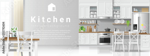 Interior background with kitchen in modern rustic style , vector , illustration