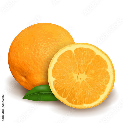 Fresh orange with green leaf and slice isolated on white background, realistic 3D design. Vector