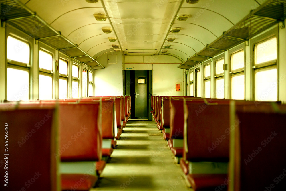 Old empty wagon of the regional train at the Kiev station