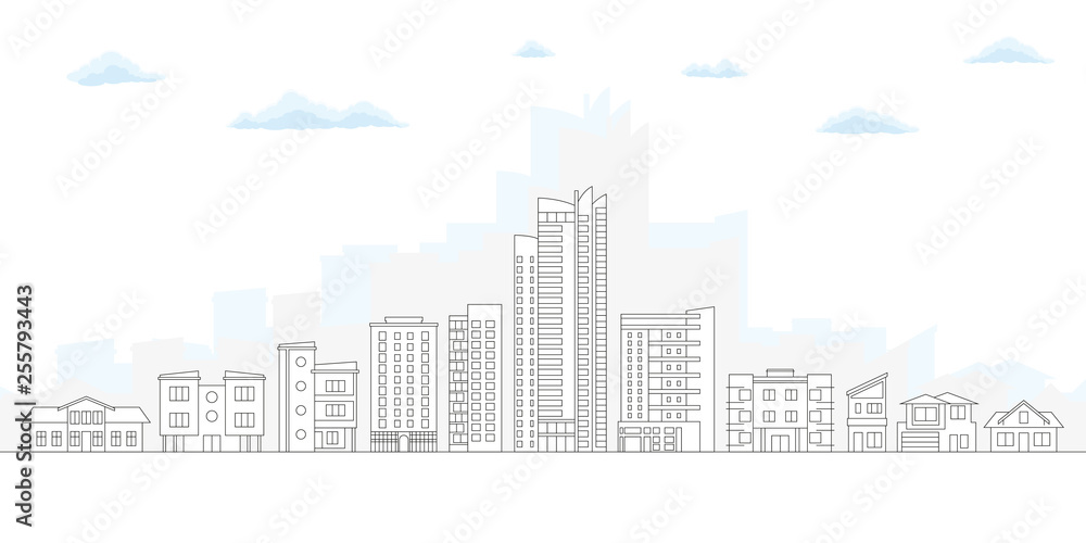 City Skyline. Outline Cityscape. Urban Landscape with Buildings and Houses. Thin line City Background. Vector illustration.