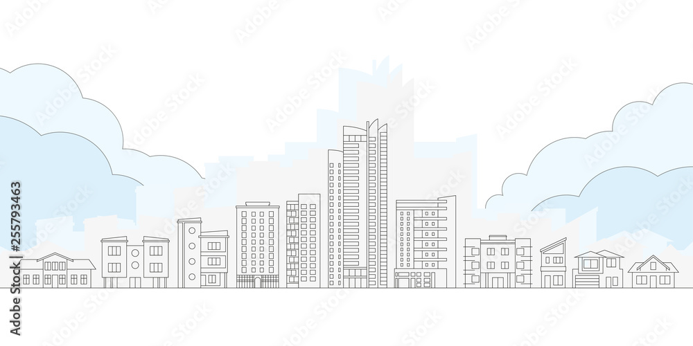 Plakat Panorama miasta. Zarys Cityscape. Krajobraz miejski z budynkami i domami. Cienka linia miasta tło. Ilustracji wektorowych.