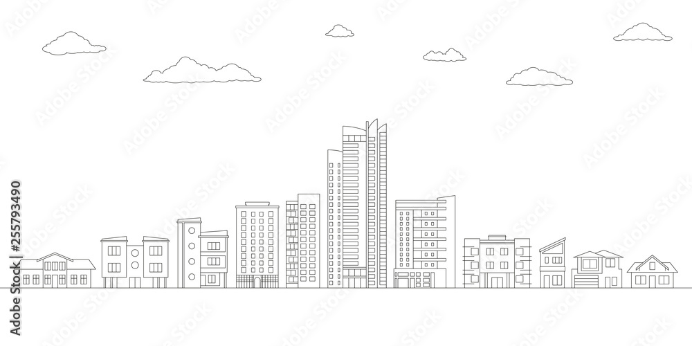 Outline City or Town with Buildings and Houses. Modern Urban Landscape. Cityscape with Skyline. Vector illustration.