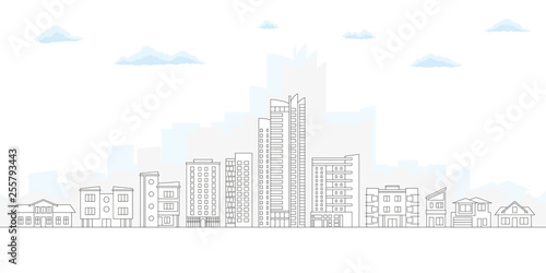 City Skyline. Outline Cityscape. Urban Landscape with Buildings and Houses. Thin line City Background. Vector illustration.