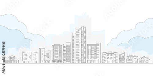 City Skyline. Outline Cityscape. Urban Landscape with Buildings and Houses. Thin line City Background. Vector illustration.