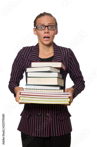 Young woman in purple costume holding books