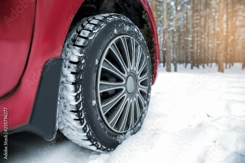 Modern car on snowy road in winter forest, closeup. Space for text © New Africa