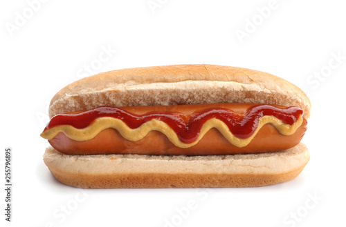 Tasty hot dog on white background. American food as symbol of USA