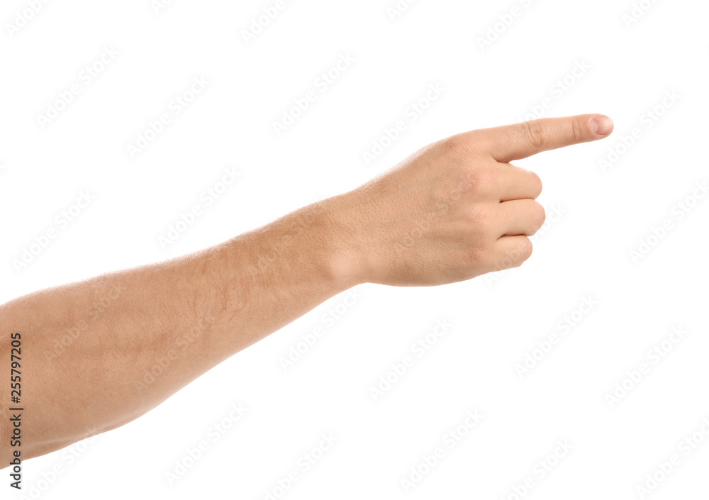 Man pointing at something on white background, closeup of hand Man pointing at something on white background, closeup of hand