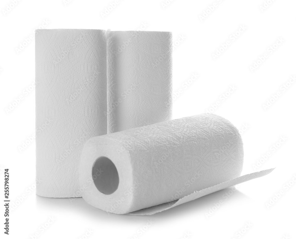 Fototapeta premium Rolls of paper towels on white background