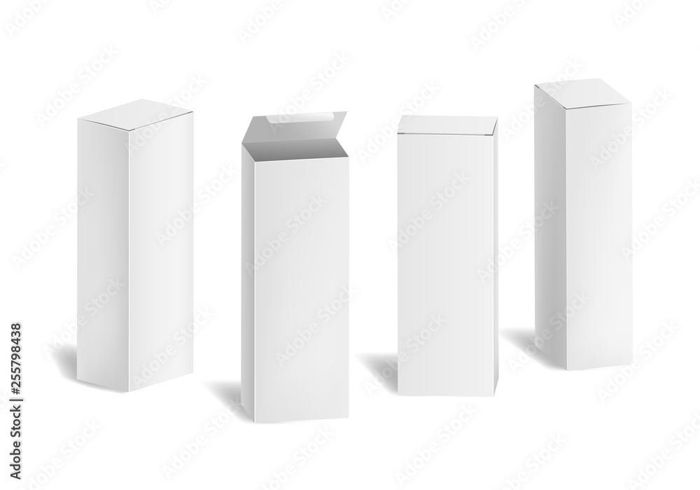 Realistic 3d Detailed White Blank Cardboard Cosmetic Boxes Template Mockup Set. Vector Realistic 3d Detailed White Blank Cardboard Cosmetic Boxes Template Mockup Set. Vector