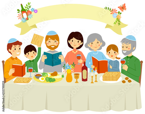 Happy Jewish family celebrating Passover eve under a blank banner with floral decorations.