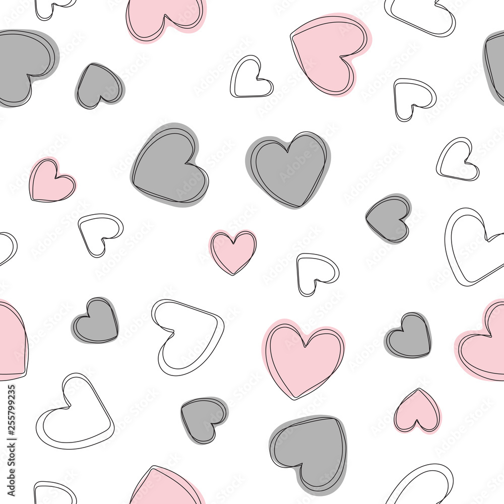 Soft, pastel pink and grey background with hearts. Vector seamless pattern  with hearts. Cute sweet love baby background. Colorful design for textile,  wallpaper, fabric, decor. Stock Vector