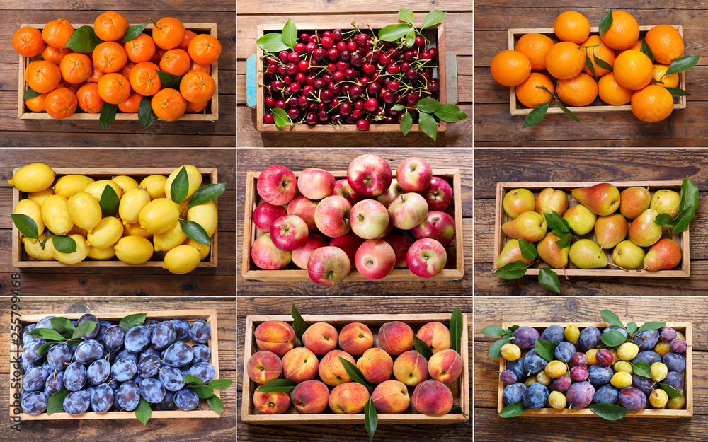 collage of various fruits in a wooden boxes, top view collage of various fruits in a wooden boxes, top view