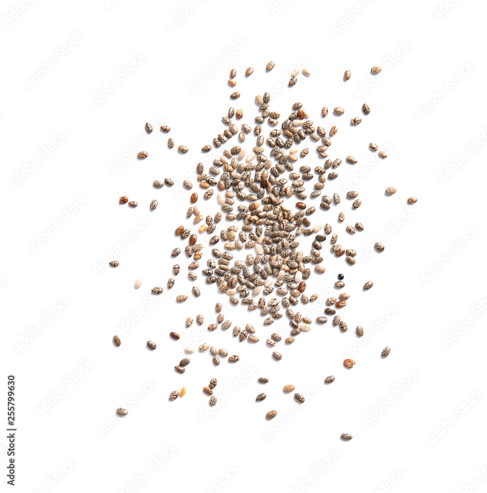 Chia seeds isolated on white, top view - obrazy, fototapety, plakaty 