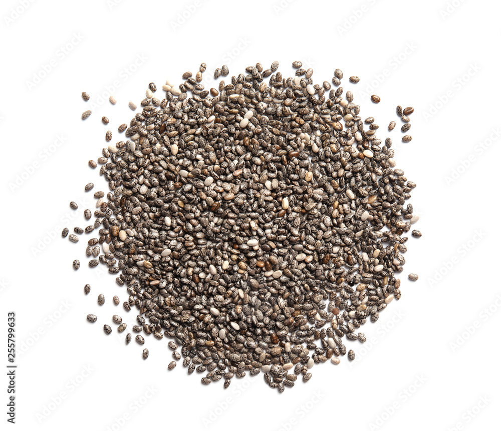 Chia seeds isolated on white, top view Chia seeds isolated on white, top view