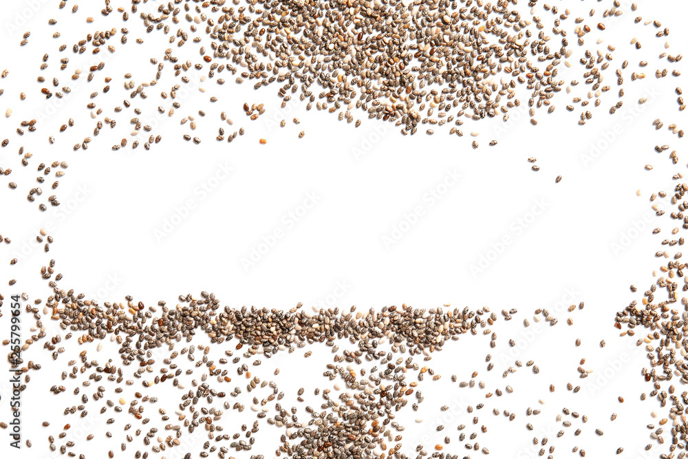 Naklejka premium Frame made of chia seeds on white background, top view with space for text