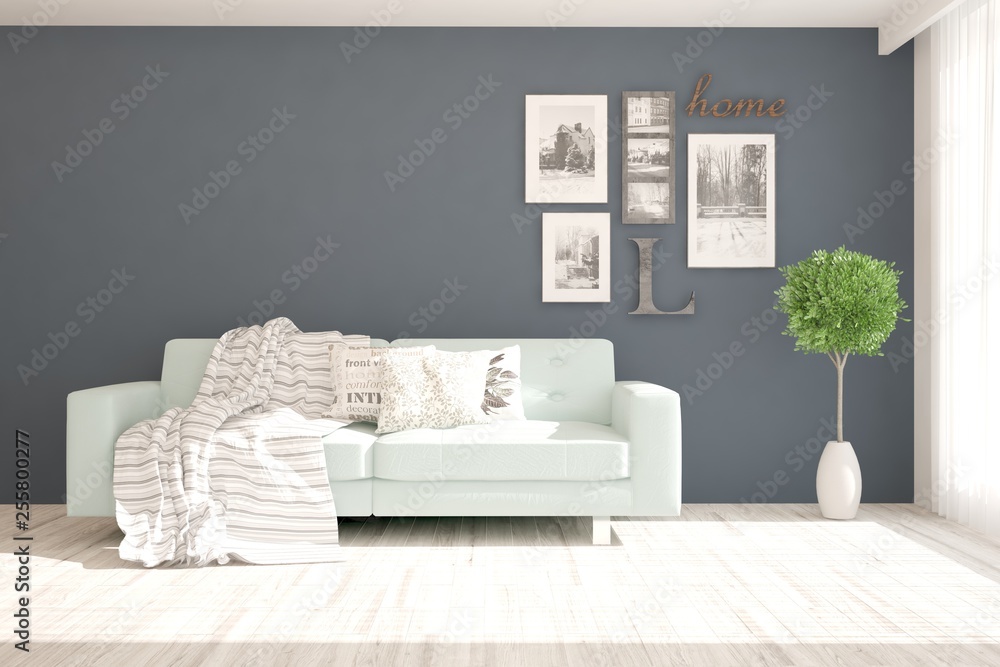 Obraz premium White stylish minimalist room with sofa. Scandinavian interior design. 3D illustration
