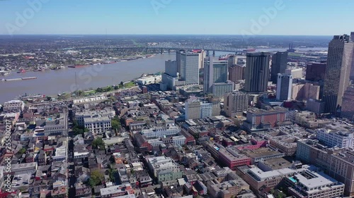 Aerial Rotation View of New Orleans towards River over French Quarter