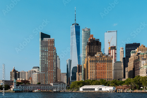 New York City   USA - AUG 22 2018  Lower Manhattan skyscrapers and buildings view from the Statue of Liberty